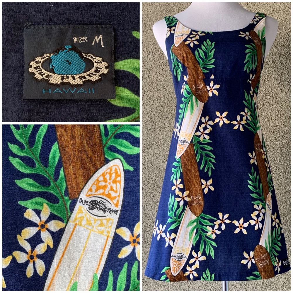 🌺 “Blue Planet” Navy Hawaiian Barkcloth Mini-Dress Surfboards size XS